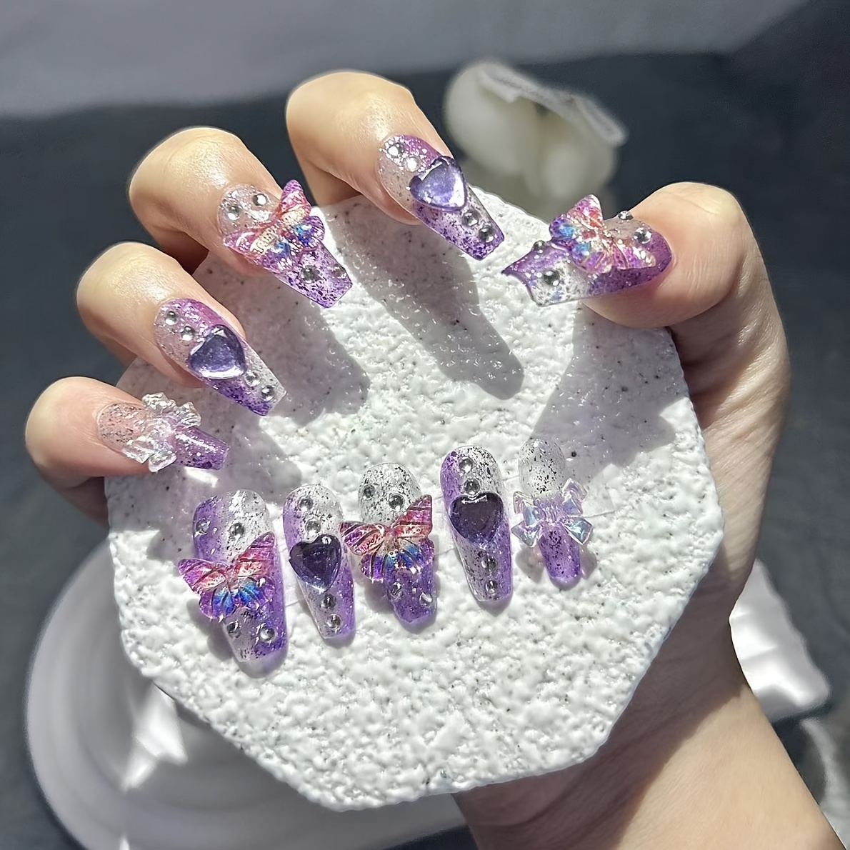 Nail Art Y2K - 10 Pieces Purple Fantasy Butterfly Fake